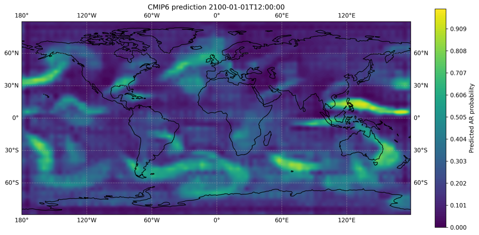 DeepAR predicted atmospheric river probability on CMIP6 data